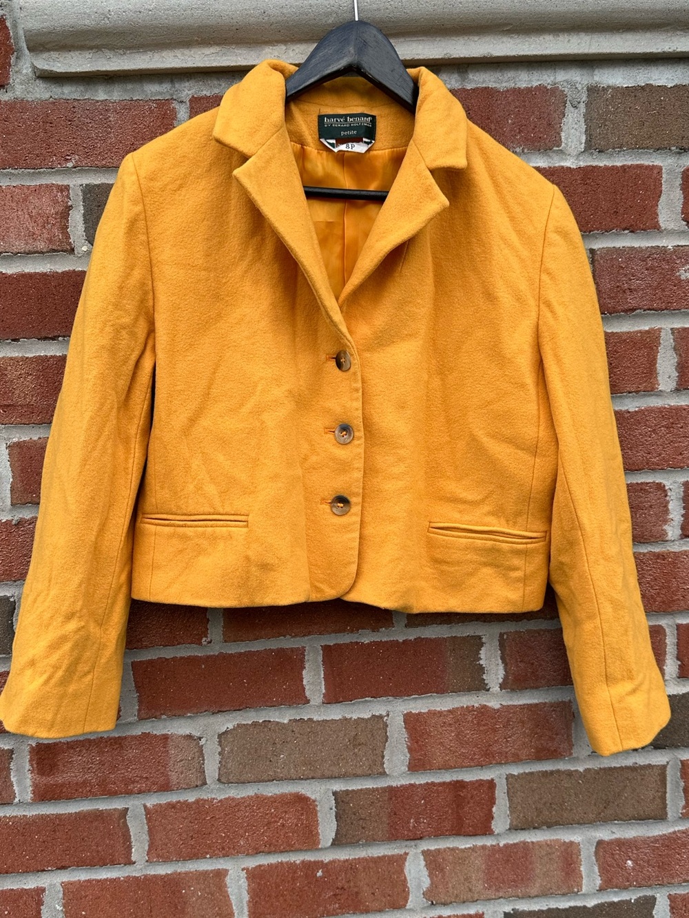 Vintage Harve Benard Womens Mustard Yellow Cropped Wool Cashmere Blazer Size 8P